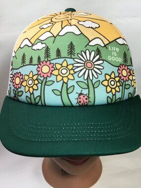 Life Is Good Hat Cap Snap Back Youth Girls Green Sun/Floral Trucker Mesh EUC